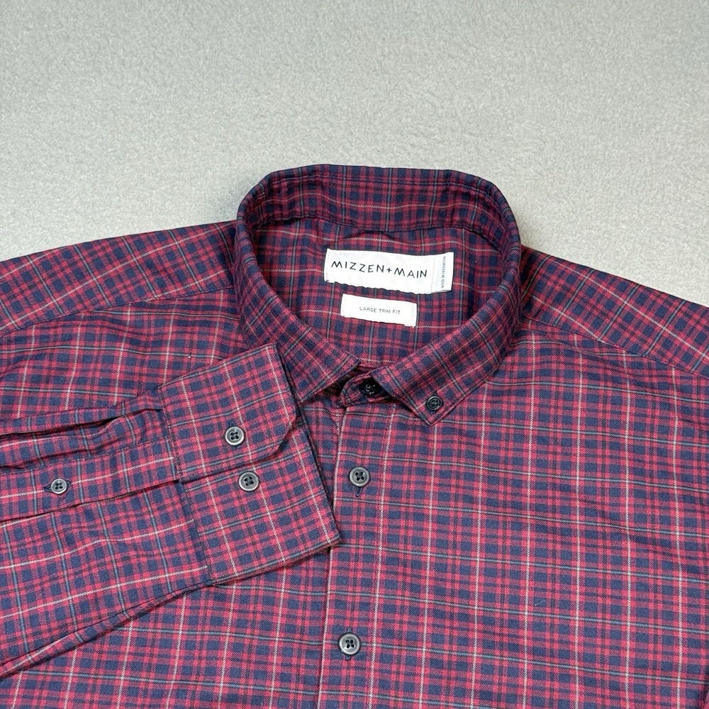 Mizzen+Main Trim Fit Plaid Button Shirt Mens Large Red Performance Tartan